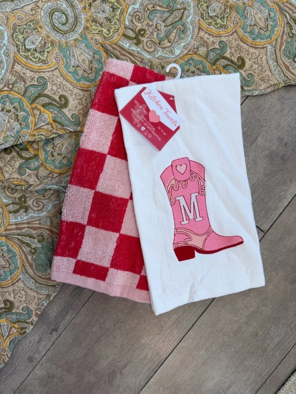 New Boutique Western Kitchen Towel Set ‘M’ Monogram Cowboy Boot/Checkered Cotton